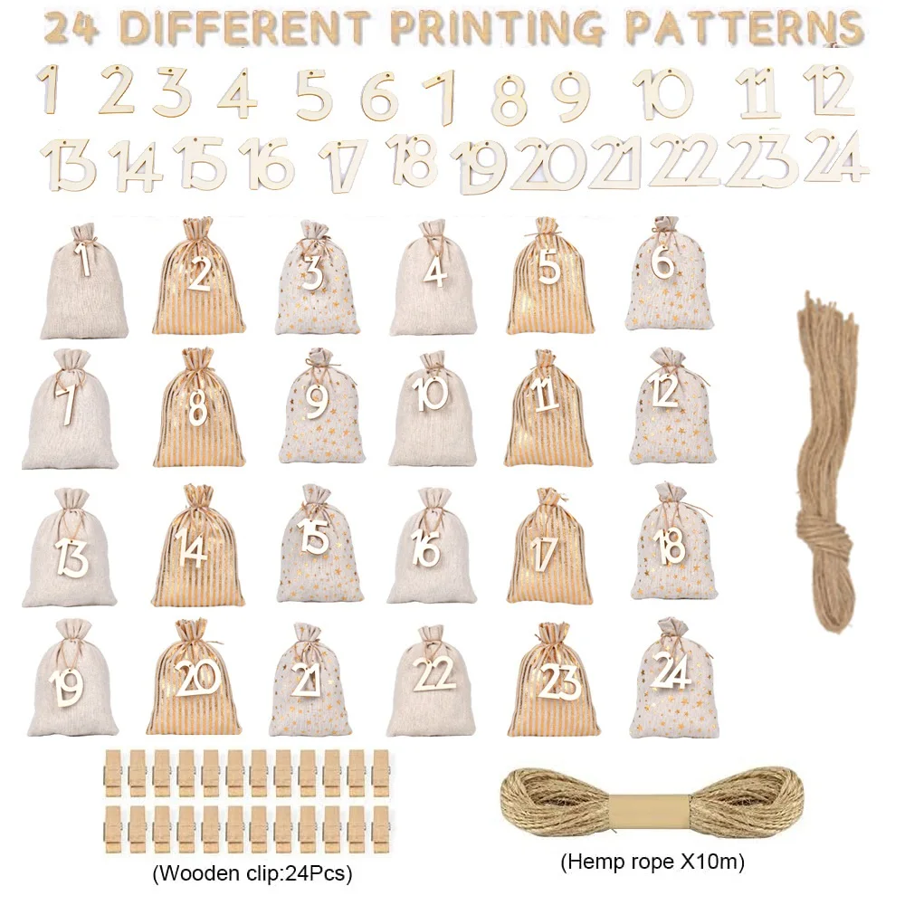 72pcs/lot 10*15cm, 13*18cm Christmas Arrival Calendar Number Pouches Golden Linen Drawstring Bags Christmas Gift Packaging Bags