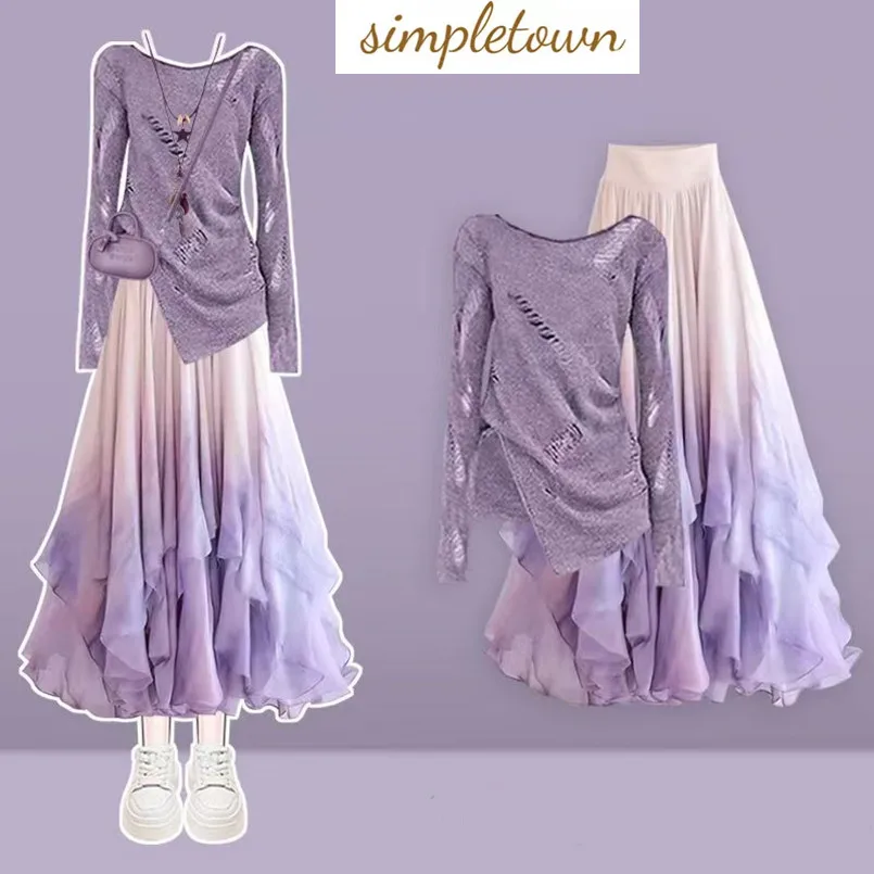 Frühling und Herbst Neue Sanfte Stil High-End-Mode Piercing Top + Wunderschöne Farbverlauf Halb Rock Zwei Stück set