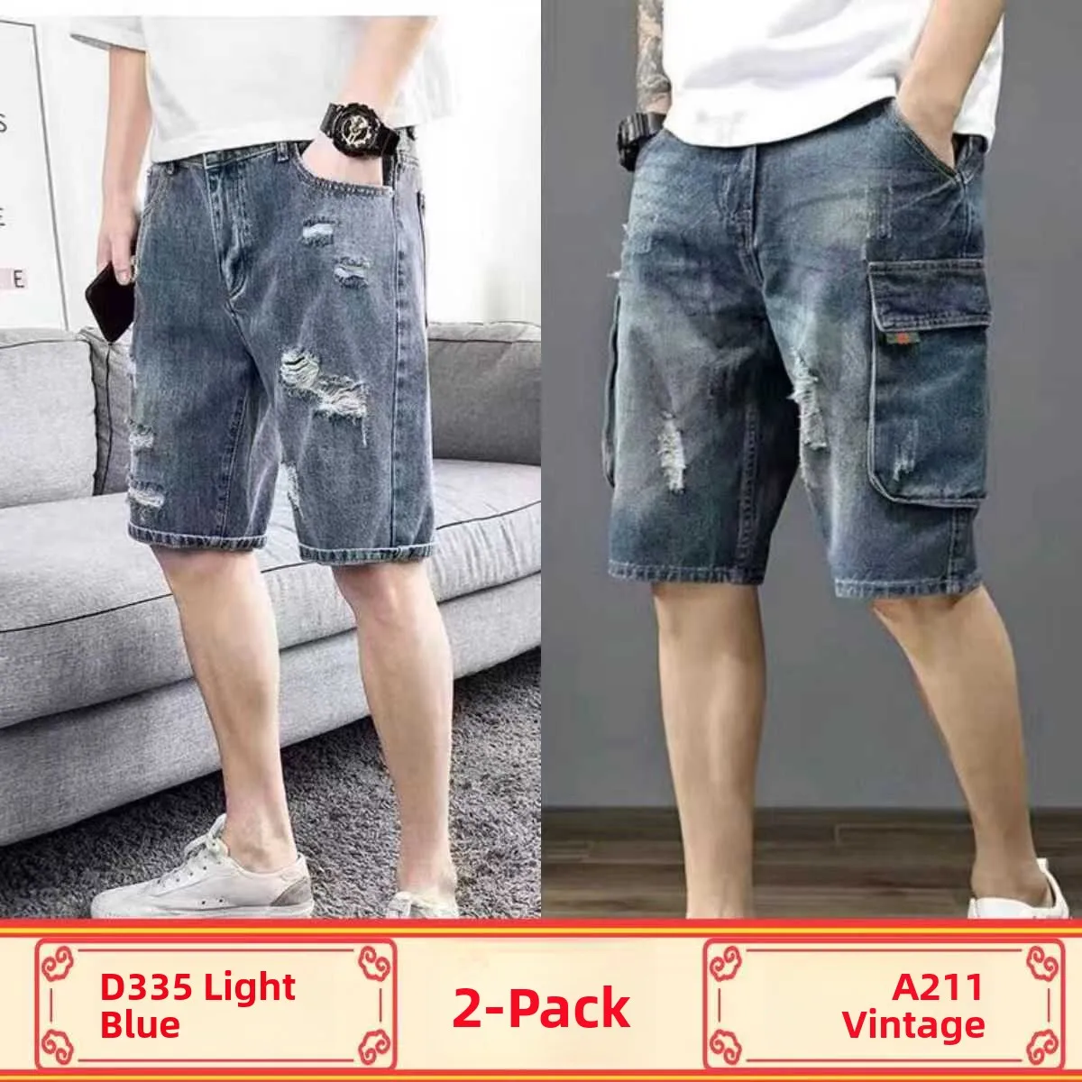 

Men's Denim orts Workwear Sle Five-Quarter Length Ripped Loose Fit Casual Retro Korean Mid-Calf Summer Jeans orts
