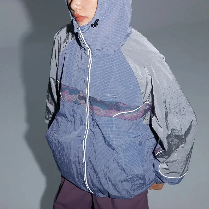 Reflective Strip Cargo Jacket Men Women Outdoor Loose Casual Sports Lightweight Waterproof Hooded Jacket couple streetwear Coat