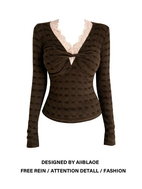 

plus Size Lace V-Ne T-irt Women's Autumn Winter Slimming Beautiful Inner Wear Casual Sle Long Sve Full Length Top