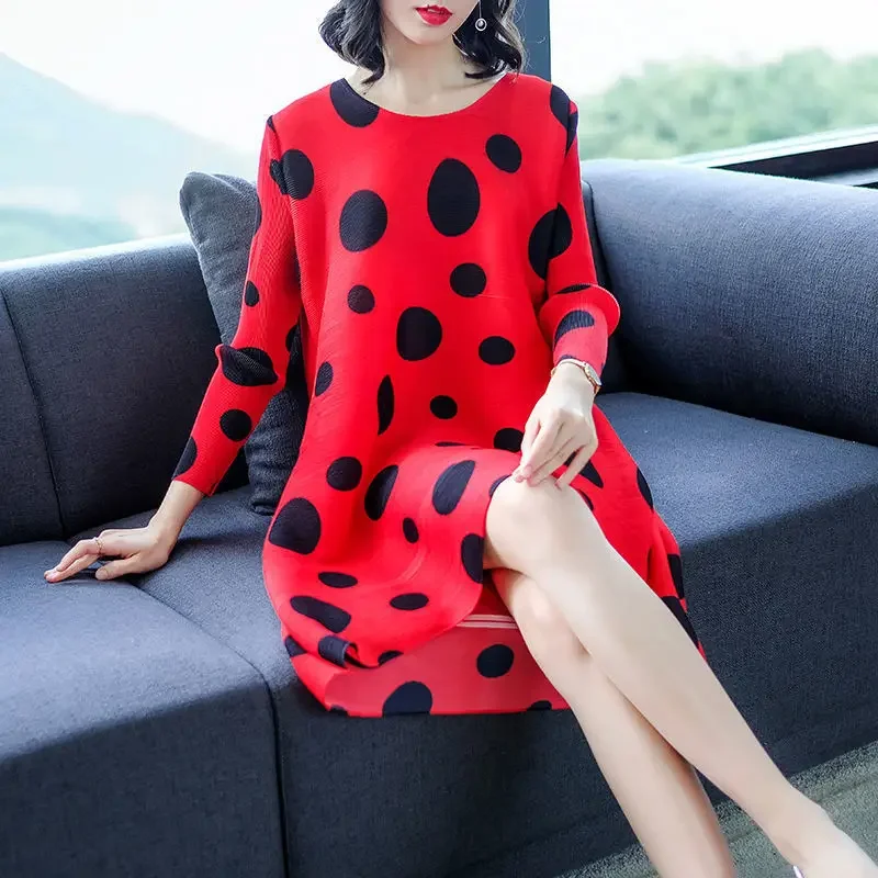 Nuevo vestido plisado estampado De lunares, vestido holgado De falda De longitud media para Mujer, vestido Maxi, Vestidos De Mujer sueltos