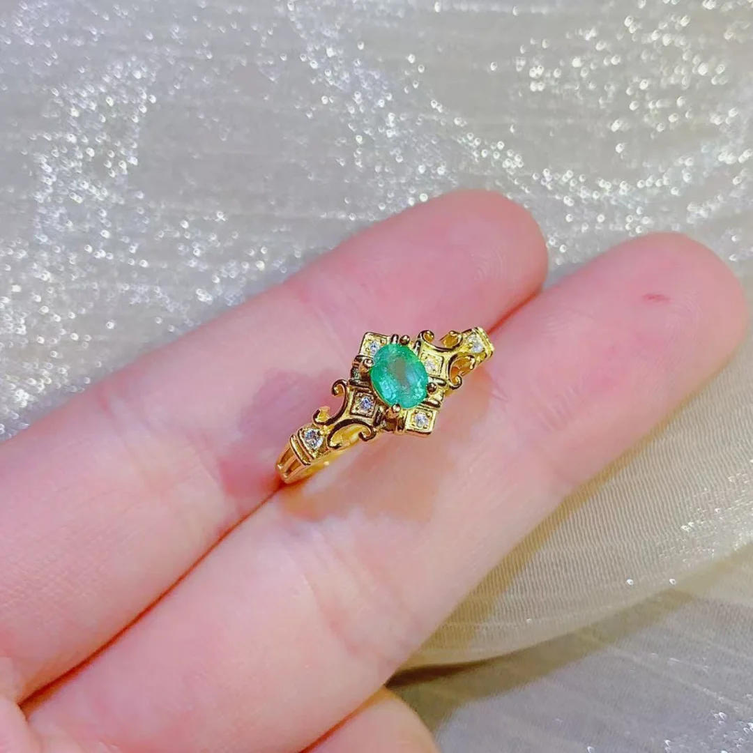 Ethnic Style Natural Emerald Ring 4*5mm S925 Sterling Silver Inlay Fresh Green Daily Party Jewelry for Ladies - view 3