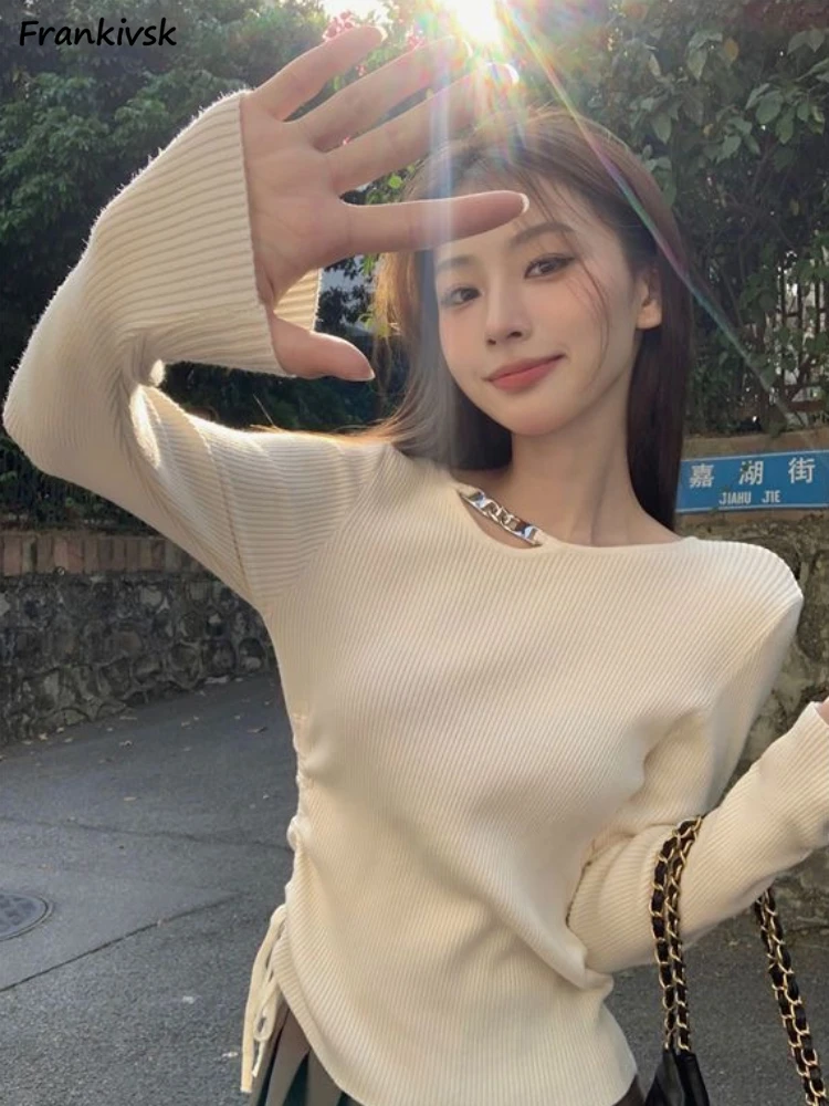 

Irregular Sweaters Women Slim Shirring Solid Elegant Hollow Out Japanese Commuting Style Simple Autumn Ins Aesthetic Youthful