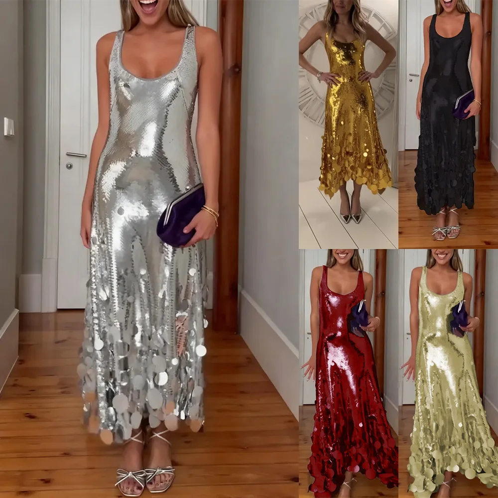 

Women's Sequin Party Dresses Fashion Solid Color Large Glitter Tassel Slim Sleeveless Long Dress Trendy Streetwear Club Vestidos