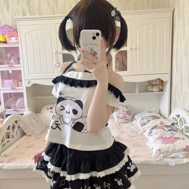 Japanese Kawaii Lolita Style 2 Piece Set Women Sweet Off Shoulder Ruffles Cartoon Panda Print Crop Top Y2k Cute Cake Mini Skirt