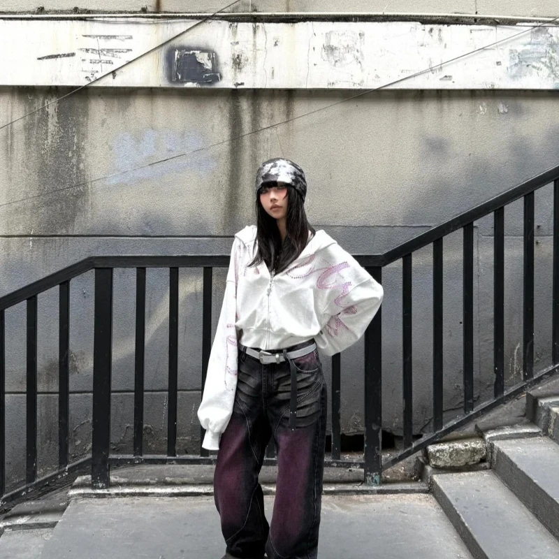 

Y2k американская винтажная короткая куртка с капюшоном и длинными рукавами, женская повседневная куртка в стиле панк со стразами, уличная одежда, облегающее однотонное осень 2023 г.