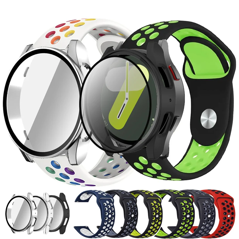 Чехол из закаленного стекла и силиконовый ремешок для Samsung Galaxy Watch 7 6 5 4 40 мм 44 мм, спортивный дышащий ремешок для часов, мягкий полый браслет