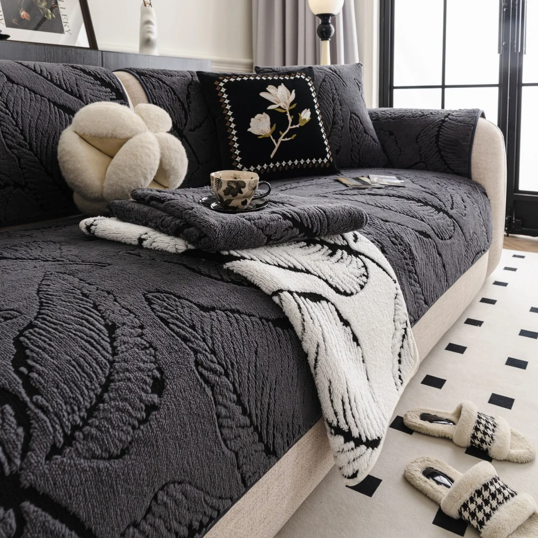 Blätter Jacquard Warm verdickter getuffener Fleece-Sofabezug, für den Winter, weicher, rutschfester Sofabezug, Wohnzimmer-Couch-Sitzbezug, Dekor