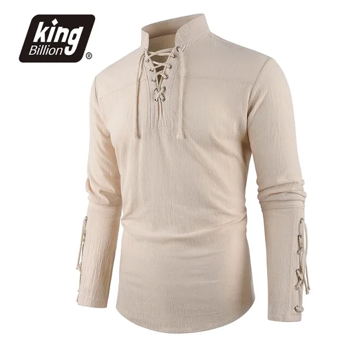 Camisa de disfraz medieval para hombre, diseño de cordón de lino y algodón, camiseta informal elegante Vintage para fiesta de Halloween, cuello Henley