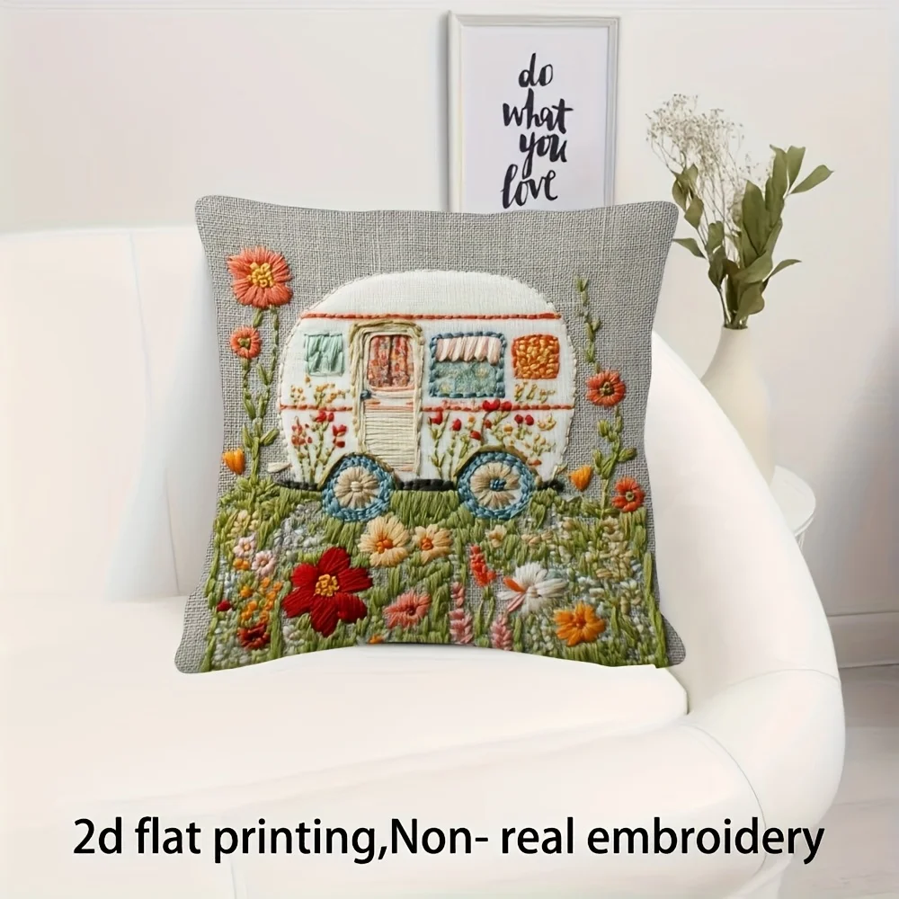 Vintage Camper Van Wildflower Kissenbezug 2D Faux-Stickerei Druck Kissenhülle Boho Camping Heimdekoration Geschenk