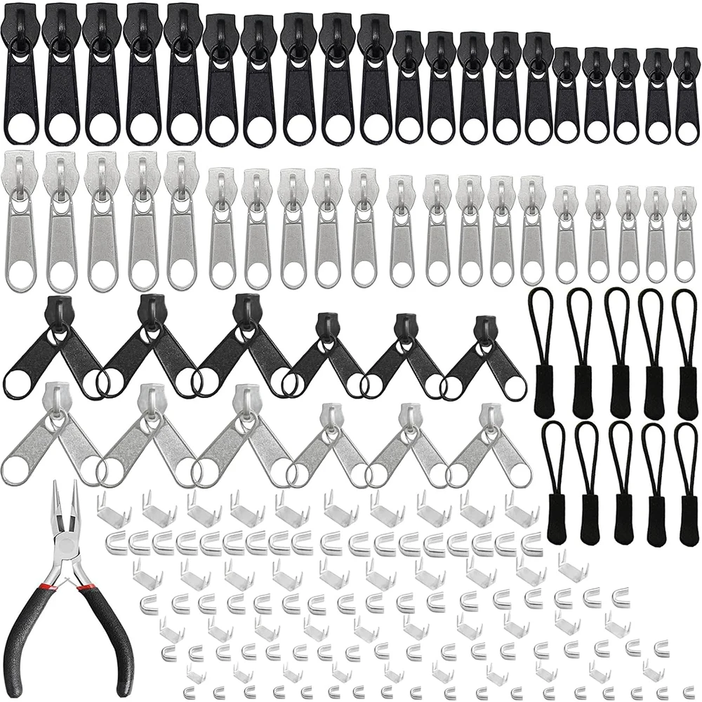지퍼 수리 키트 교체 지퍼 풀, 지퍼 설치 플라이어 도구, 가방 의류 재킷 텐트 지퍼 수리 도구, 185 개