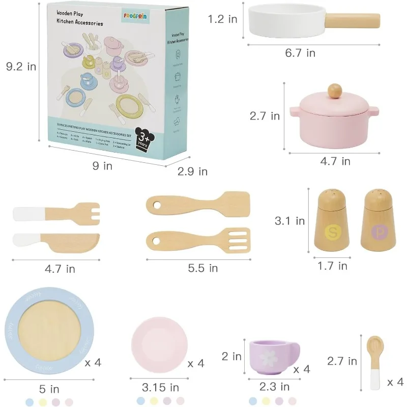 30 PCS Wooden Toy Plates and Dishes for Kids Play Kitchen Accessories Set Pretend Play Food Sets for Children Doll Kitchen