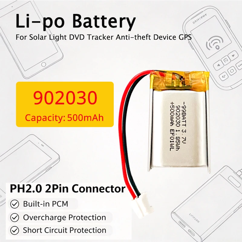 902030 3.7V Lipo Battery 500mAh Lithium Polymer Rechargeable Batteries for Bluetooth Speaker Beauty Instrument GPS LED Light MP3