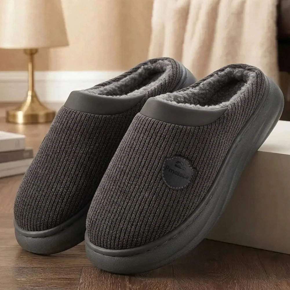 Breit geschnittene Herren-Plattform-Slipper mit Fußgewölbestütze, EVA-Sohle, rutschfest, gestricktes warmes Plüschfutter, bequeme Hausschuhe – Detail 2