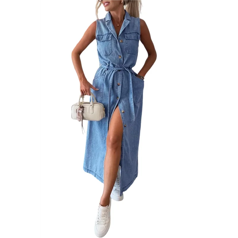 Nuevo vestido camisero vaquero sin mangas informal de verano para mujer con solapa y botones vestidos largos vaqueros con cinturón