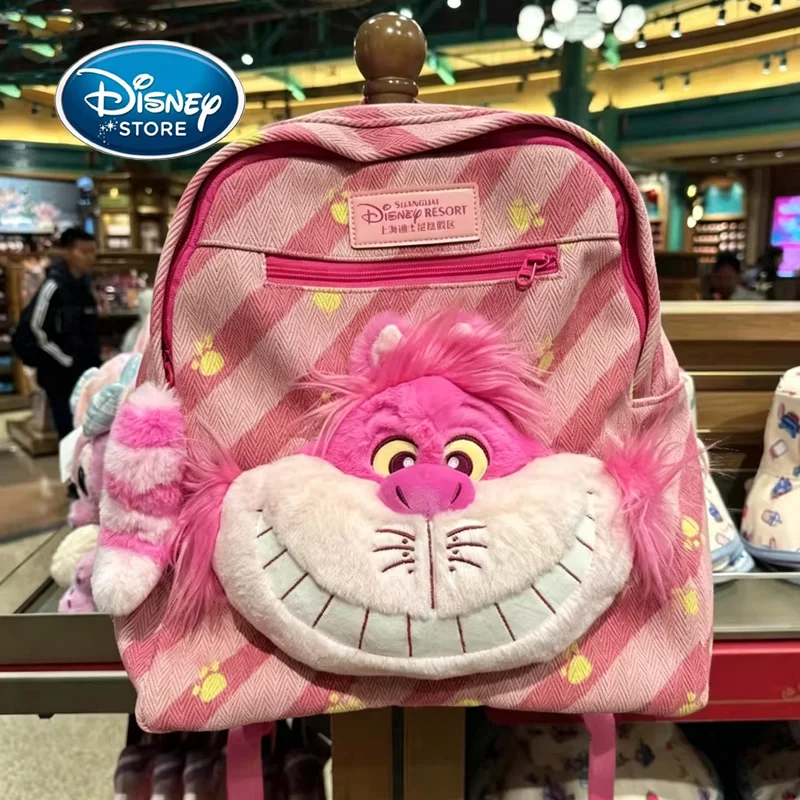 

Плюшевый рюкзак Disney с Чеширским котом из Алисы в Стране чудес, розовая клетчатая сумка через плечо с 3D-хвостом, милый мультяшный дорожный рюкзак