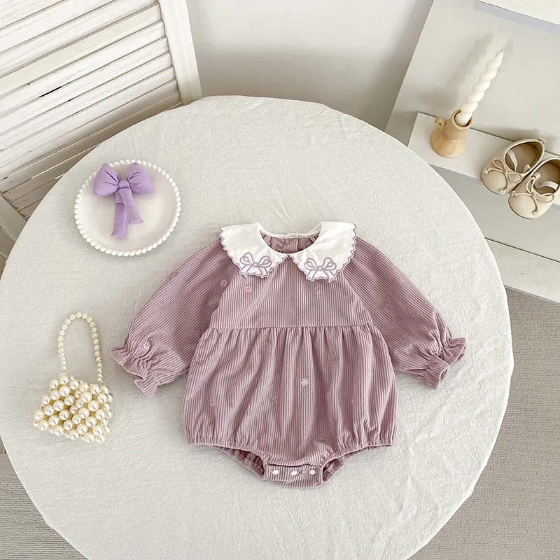 2026 Baby Girl Corduroy Romper 0-24M Sweet Bow Embroidery Collar Long Sleeve Bodysuit Infant Girl Spring Winter Jumpsuit