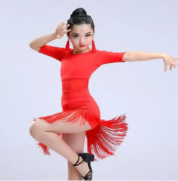 Robe de danse latine à franges pour filles, costume de salsa, robes de tango de salle de Rh, noir et rouge, vêtements pour enfants, 1 pièce par lot