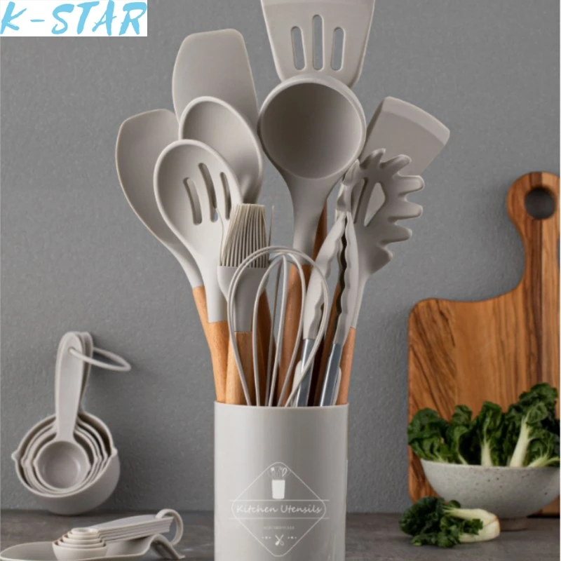 K-star Silicone Wooden Handle Kitchenware Set Non Stick Pot Cooking Tools Practical And Beautiful Hot Sale New 2024 Dropshipping