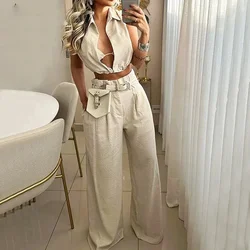 Pant Sets Women Solid Two Piece Set Sleeveless Turn Down Collar Solid Regular Short Tops Long Wide Leg Pants High Waist 2024