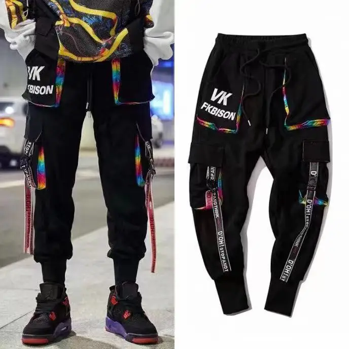 Classic Streetwear Hip Hop Joggers Men Letter Ribbons Cargo Pants Pockets Track Tactical Casual Male Trousers Sweatpant KZ98