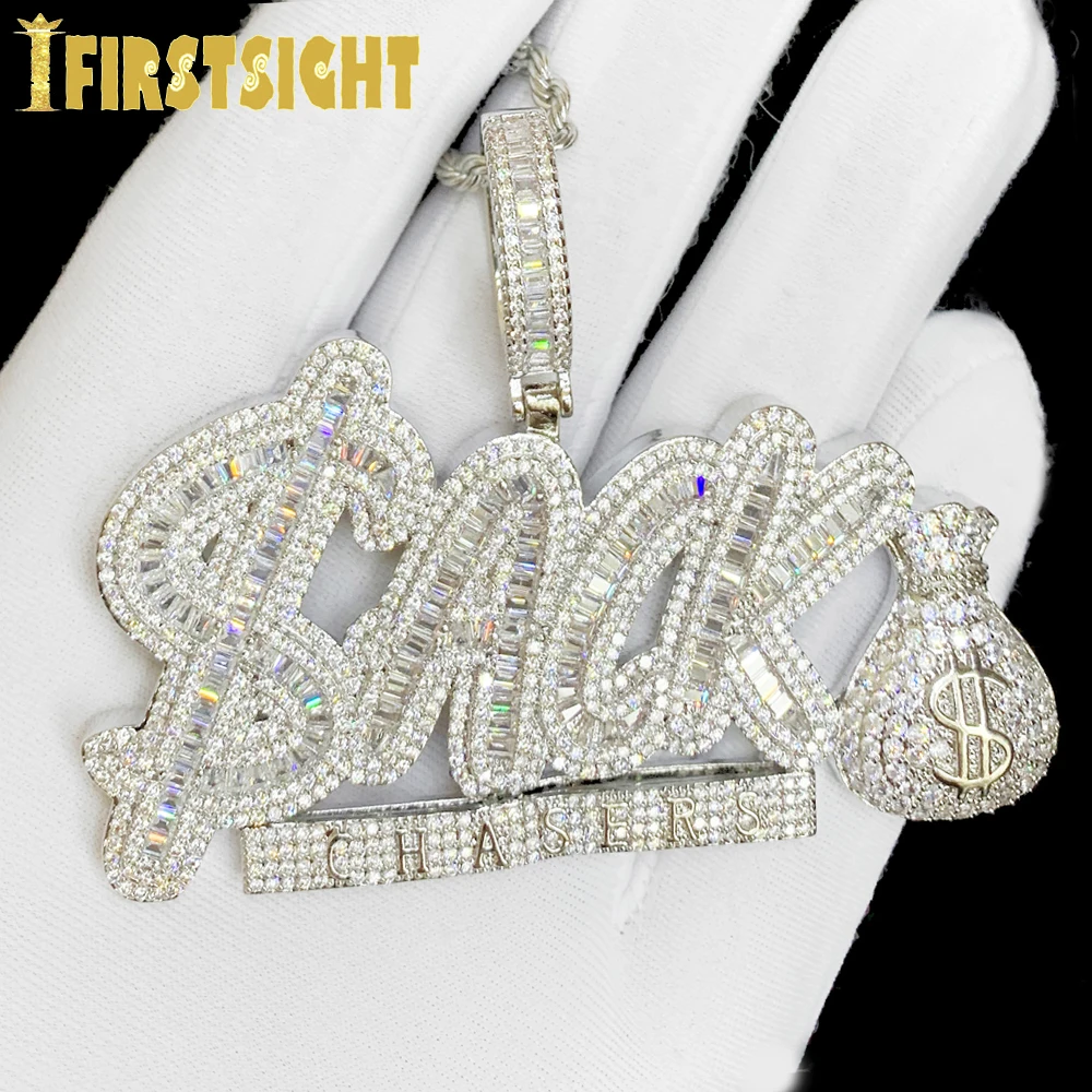 New Hip Hop Letter Ack Chasers Pendant Necklace Iced Out Bling Rectangle CZ Cubic Zirconia Money Bag Charm Men Women Jewelry