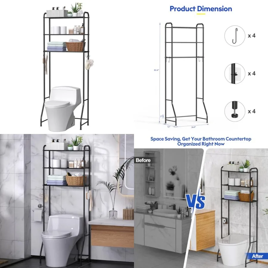 

Over The Toilet Storage Rack, Bathroom Organizer Shelves Cabinet Above Toilet, Freestanding Shelf Space Saver, Black