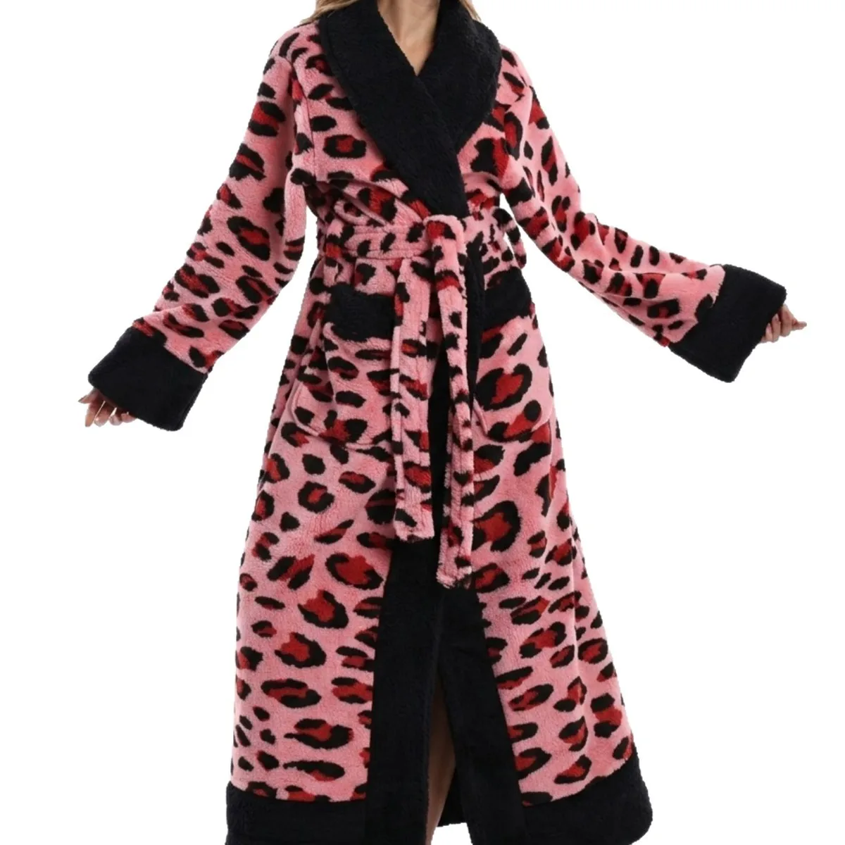 Female Robe Oversize Leopard Print Hooded Kimono Bathrobe Women Winter Warm Thick Homewear Sleepwear Loose Dressing Gown