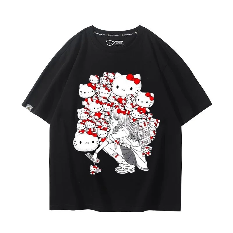 Cartoon Hello Kitty Tomie Kawakami T Shirt 100% Cotton Printed Sanrio Tomie Junji Ito T-shirt for Women Men Loose Oversized Tees