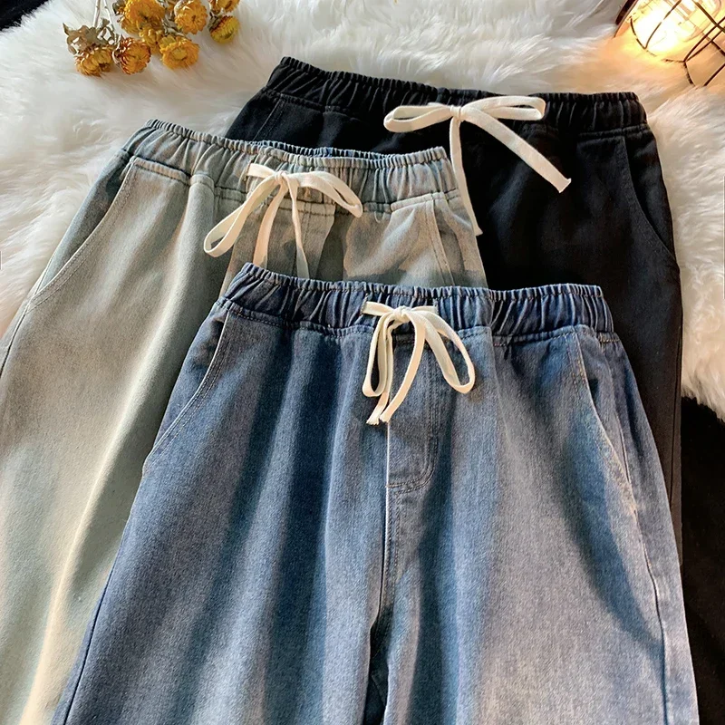 Streetwear Men Elastic Waist Baggy Jeans New Autumn Korean Fashion Denim Wide Leg Pants Vintage Blue Trousers Male Brand