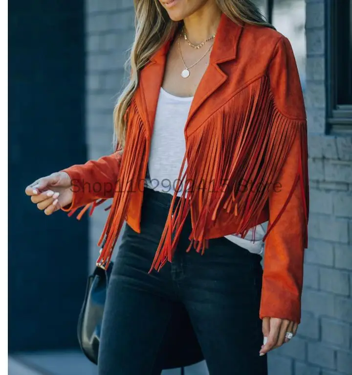 

Women Y2k Fringed Hem Tassel Cardigan Crop Tops E-girl Motor Biker Jacket Suede Leather Jacket 90s Vintage Streetwear Coat Cool