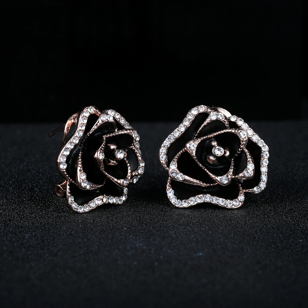 Black Rose Flowers Cubic Zirconia Crystal Stud Earrings Rose Gold Color Fashion Vintage Jewelry For Women brincos joias DWE729