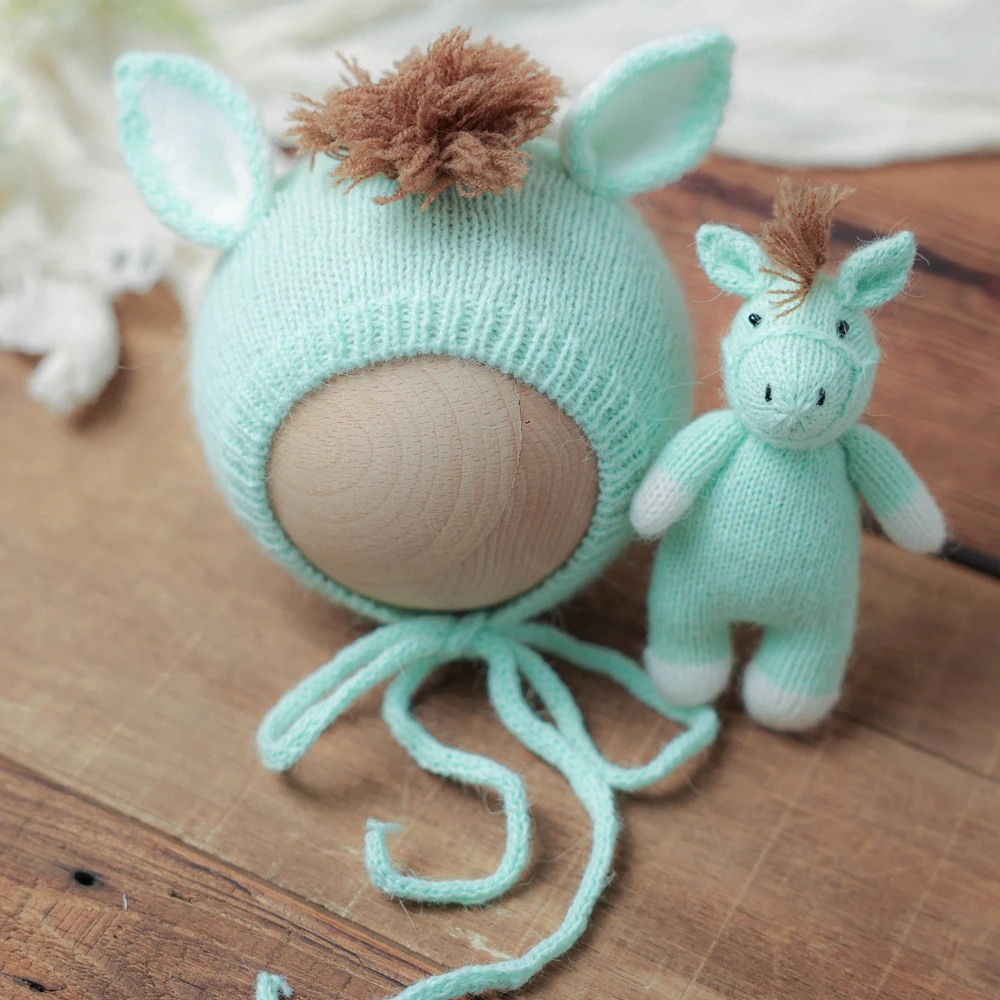 Knitted Horse Hat with Doll Newborn Photography Props Animal Baby Beanie Hat Cute Newborn Photo Bonnet Photoshoot Accessories - view 3