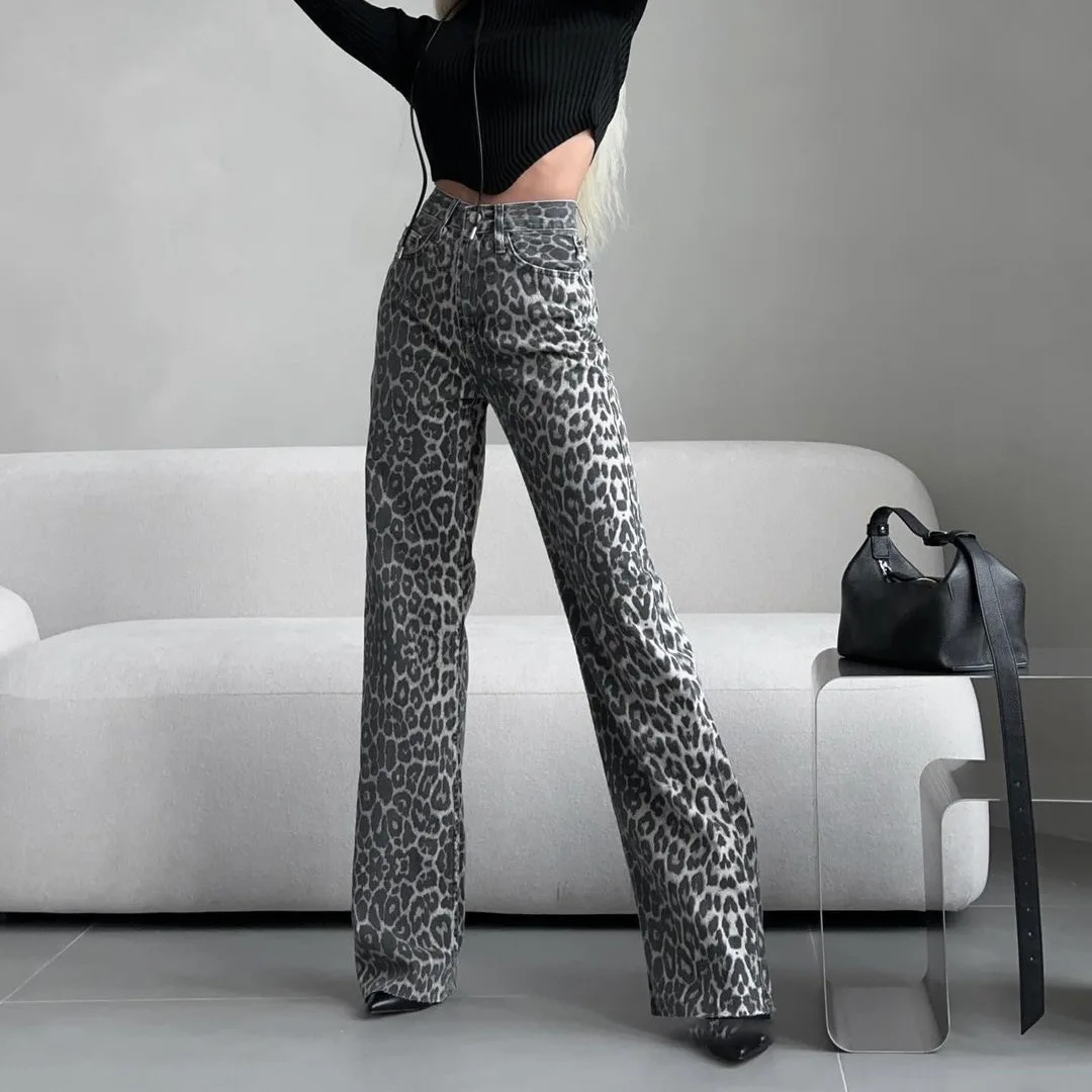 Gewaschene Jeans Skinny Straight Pants Vintage machen alte Jeans mit hoher Taille neue Damen Jeans mit Leoparden muster