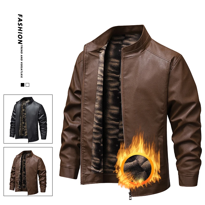 

Autumn Winter Men's Leather Jacket Casual Thin Warm Loose Fit Windproof Warm Male Casual Leather Jacket Stand Collar Bomber Coat