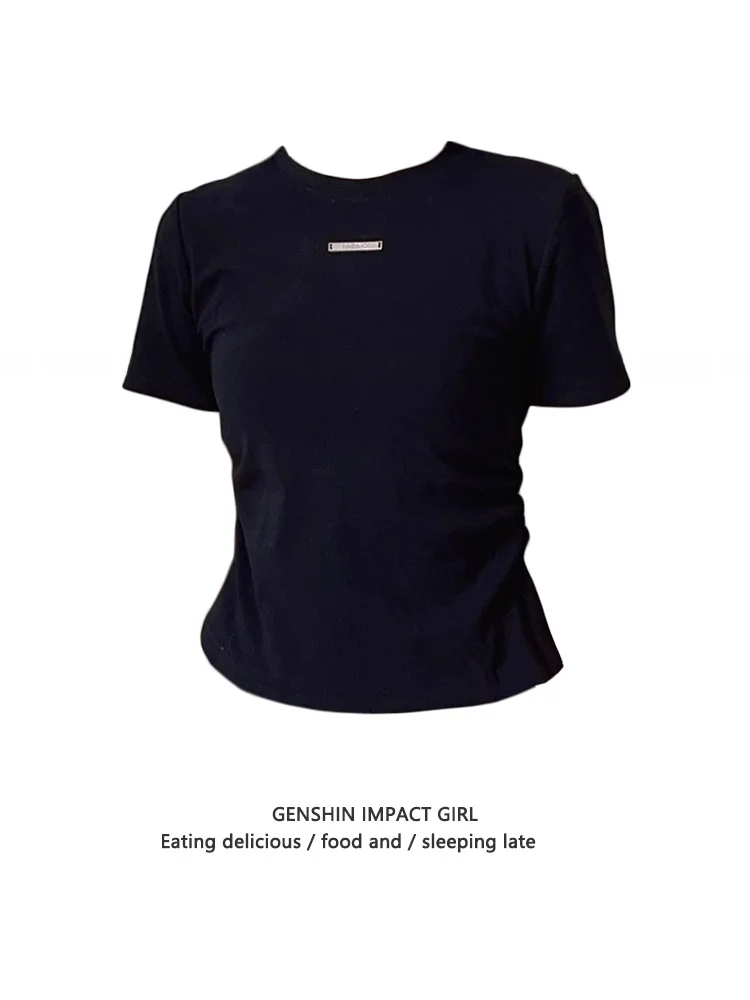 Bla Pure Cotton Slim Fit Or Sve T-irt Femme Été Plissé Taille Contrôle Polyvalent Corps Irt Doux Et Épicé Min...