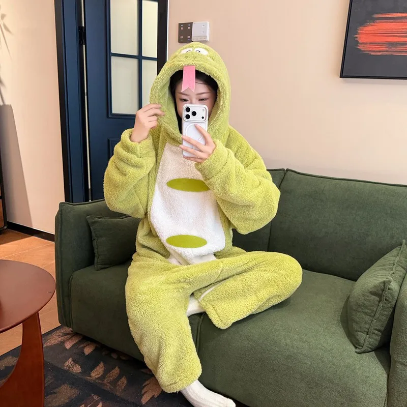 2026 Little Snake flannel pajamas for couples, thick cartoon jumpsuit dinosaur animal home clothes, role-playing pajamas