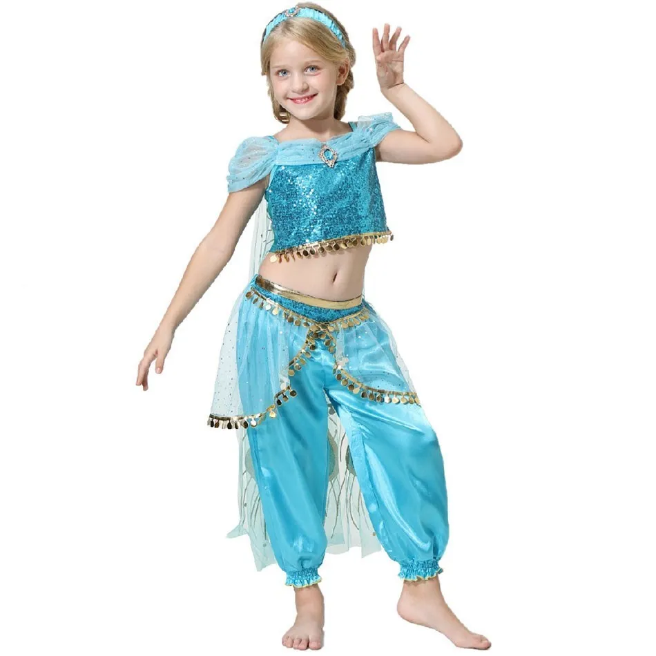 Girls Jasmine Costume Arabian Princess Dress Up Kids Christmas Halloween Birthday Party Clothes Children Cosplay Clothing Set