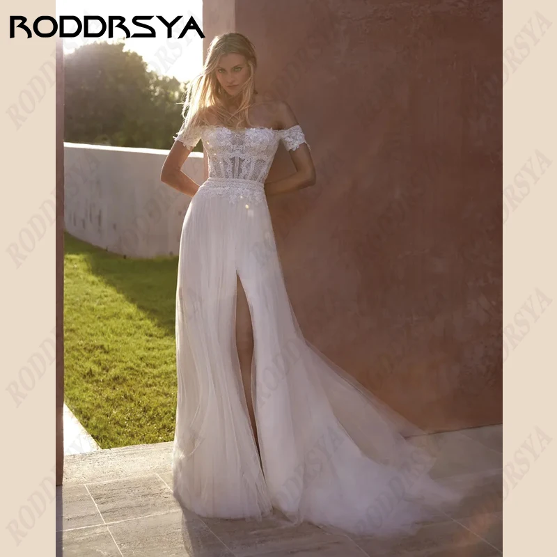 

RODDRSYA Princess Wedding Dress For Women Elegant Boat Neck A-Line Bridal Gown Sexy V-Neck High Split Vestido De Noiva Casamento