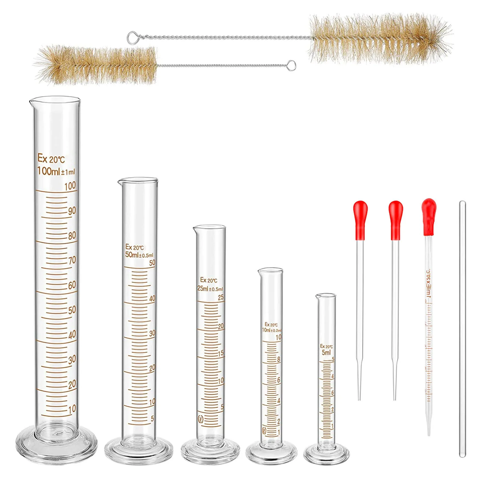 Juego de cilindros de medición graduados de vidrio, Kit de cilindros de borosilicato Premium con 3 pipetas + 2 cepillos + 1 varilla de agitación