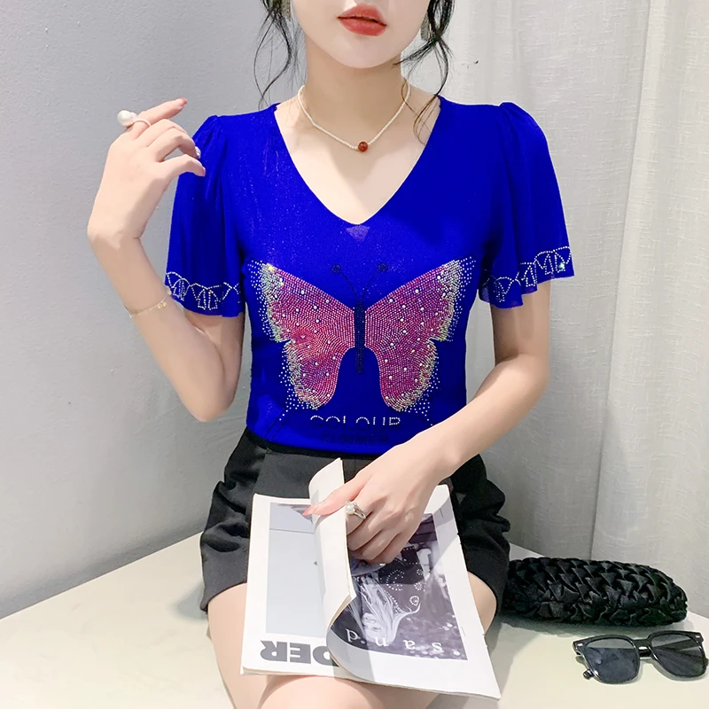 Black Summer Korean Style T-Shirt Chic Sexy V-Neck Shiny Diamonds Butterfly Women Tops Short Sleeve Elastic Tees 2024 New 460505