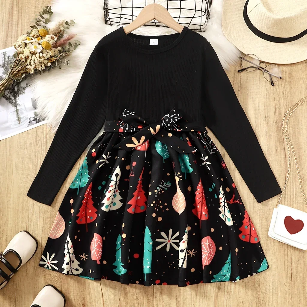 8-14 Years Children Girls Dress Party Dress Kids Long Sleeve Christmas Tree Pattern Dresses Autumn and Winter Holiday Clothing