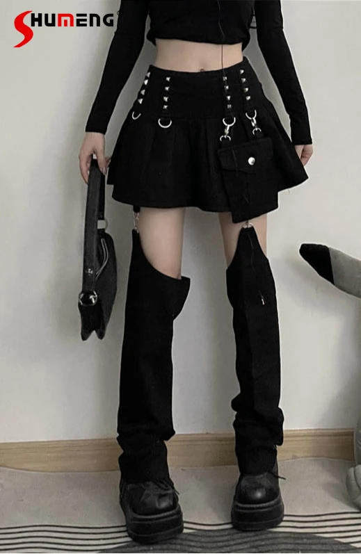 Summer Y2K Subculture Women Pants Gothic Aesthetic Rock Techwear Harajuku Detachable Hollowed Out Skirt Leg Warmers Black Pants