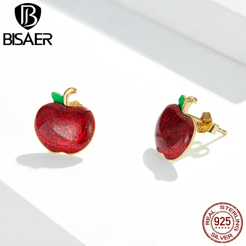 BISAER Real 925 Sterling Silver Christmas Apple Stud Earrings Enamel Process Stud Ear For Women Party Fine Jewelry Holiday Gift