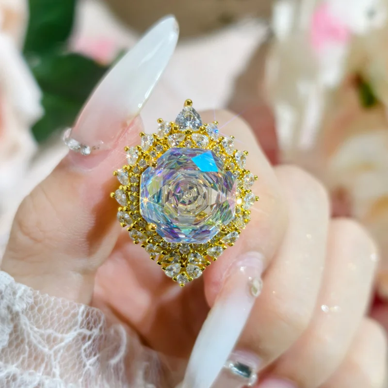 High-end New Octagonal Rose Cut Colorful Zircon Large Carat Gold Luxurious Full Diamond Jewelry Three-piece Set