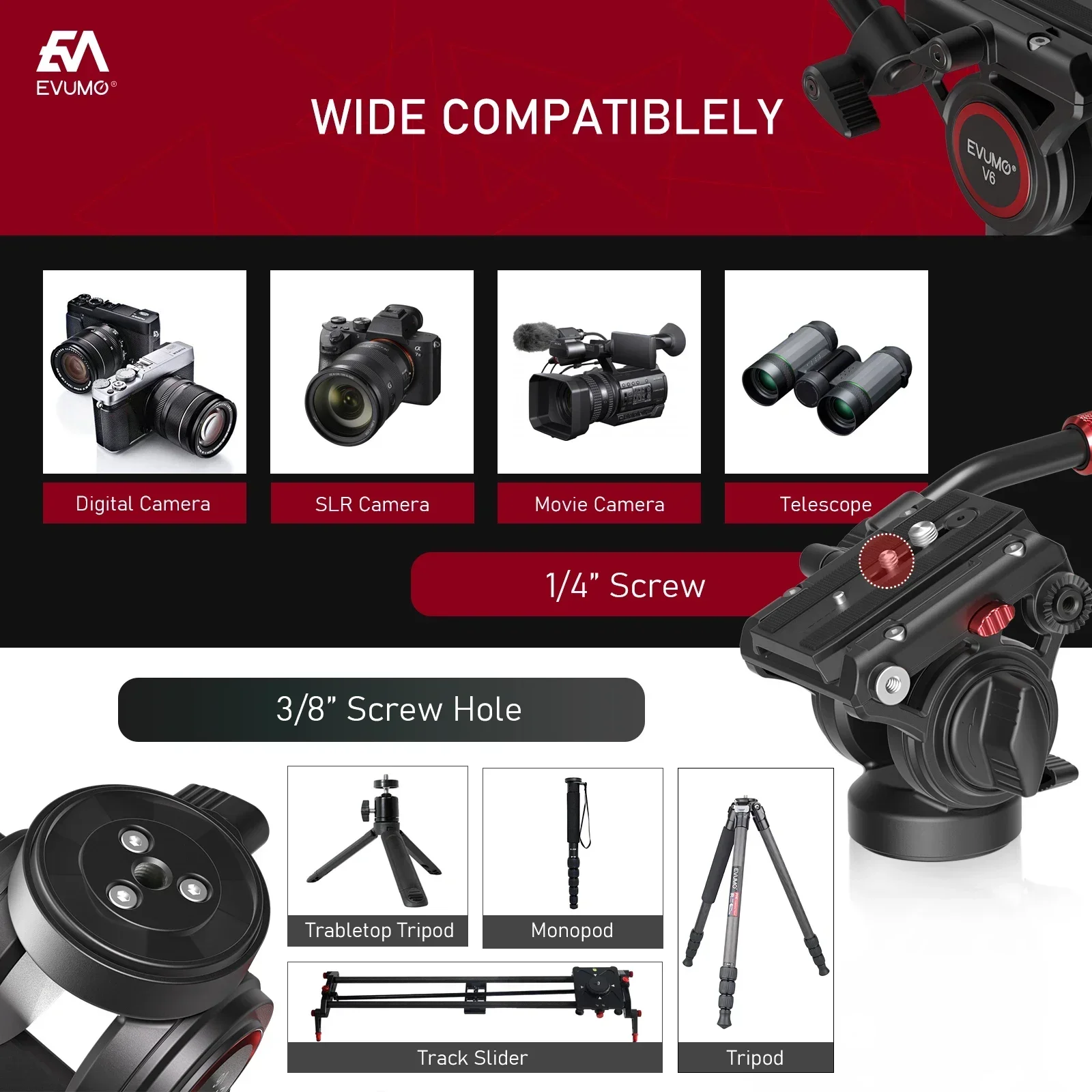 EVUMO V6 Tripod Head Hydraulic Pan Tilt Video Head Fluid Panoramic Shooting for Camera Tripod Monopod Slider Q.R Plate Load 8kg