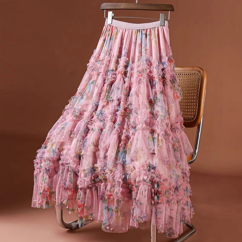 TIYIHAILEY Long Maxi Mesh Women Skirts Beaded Flowers A-line Patchwork Elastic High Waist 2025 Ladeis Skirts Pink, Beige,Black