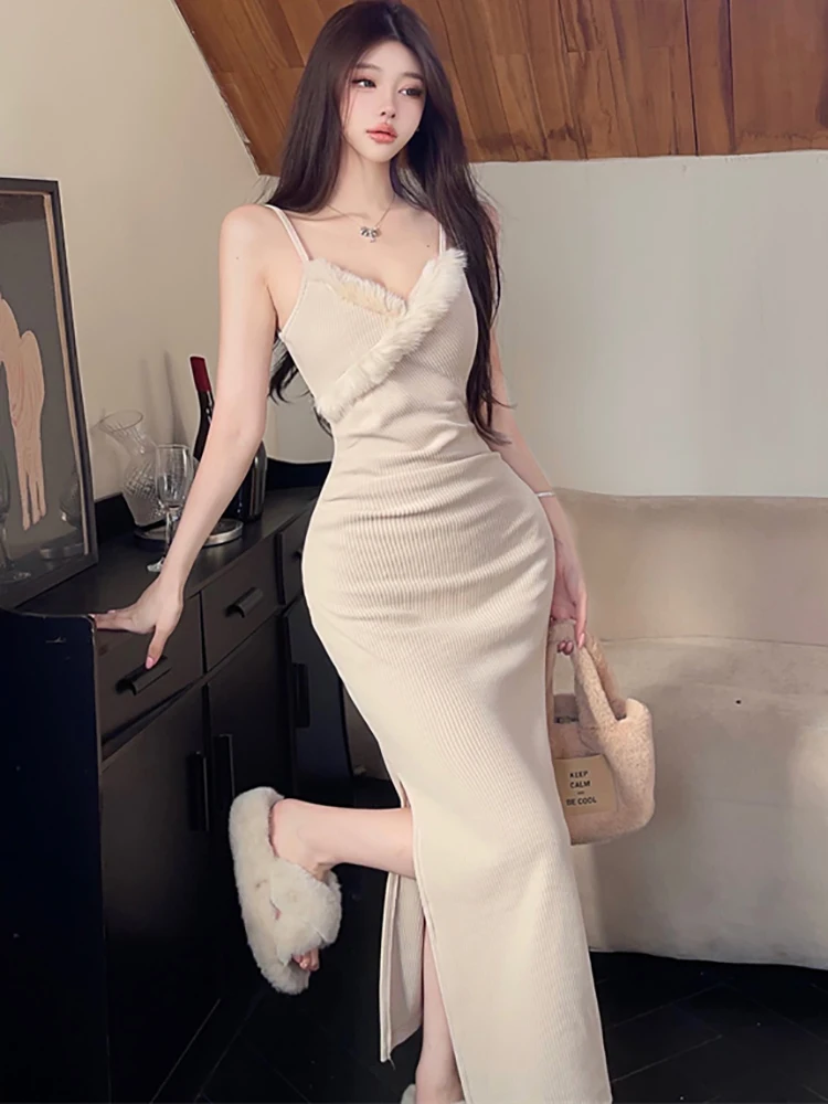 الخريف الشتاء الصلبة محبوك يتدفقون حبال مثير فستان طويل المرأة أنيقة فستان حفلة الرقص 2025 الكورية خمر فستان حفلة موسيقية فاخر #5