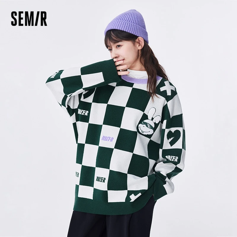 Semir Women Sweater Autumn New Mid-length Oversize Checkerboard Pullover Rabbit Embroidery Jacquard Sweater for Women